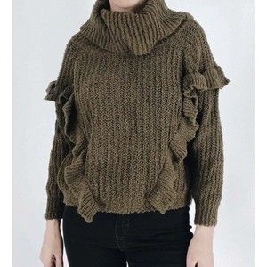 Express Cowl Neck Olive Green Crop Sweater Size Small Ruffle Detail Cowl Neck